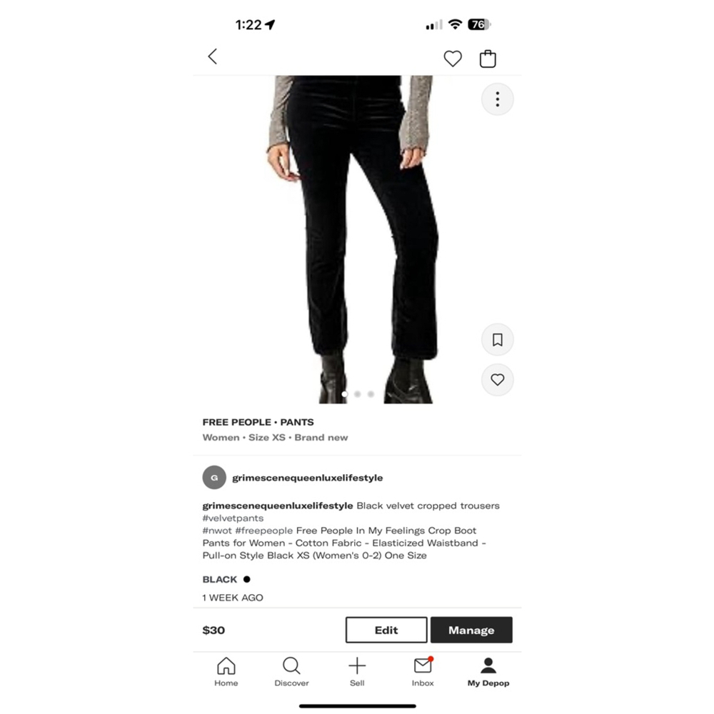 Women's Free People Black Velvet Cropped Pants XS